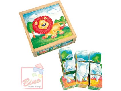 BINO DŘEVO Kostky (kubus) divoká zvířata 9 ks * DŘEVĚNÉ HRAČKY *