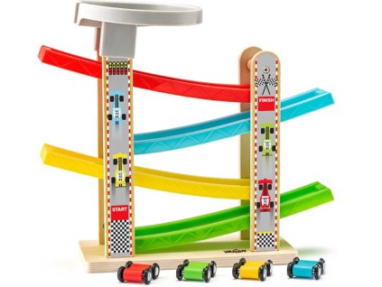 WOODY DŘEVO Set dráha se 4 překlápěcími autíčky *DŘEVĚNÉ HRAČKY*