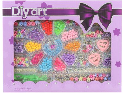 Korálky barevné navlékací plastový set s provázky v krabici