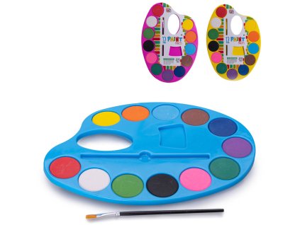 Barvy dětské vodové set 12 barev se štětcem na paletě 3 barvy ve folii