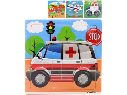 DŘEVO Puzzle dopravní prostředky vkládací na desce 9 dílků 4 druhy