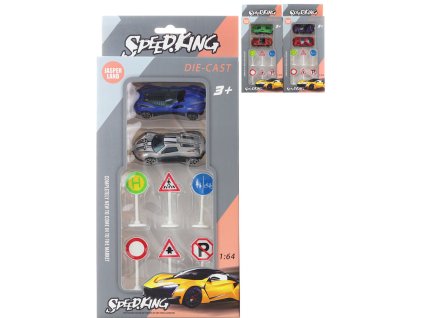 Auto závodní kovové 1:64 set 2ks s dopravními značkami 3 druhy