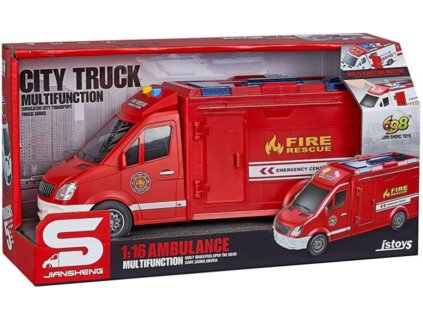 Auto hasičská dodávka červená Hasiči na setrvačník na baterie Světlo Zvuk