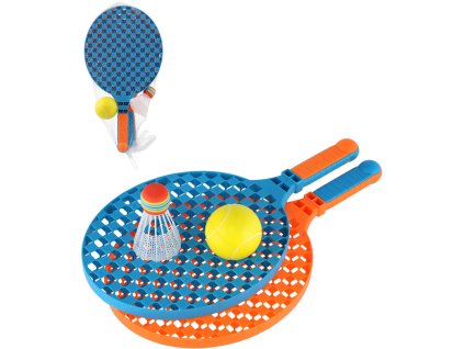Soft líný tenis / badminton set 2 barevné pálky s míčkem a košíčkem 2v1