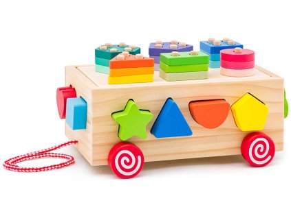 WOODY DŘEVO Vozík tahací s vkládacími a navlékacími tvary 3v1