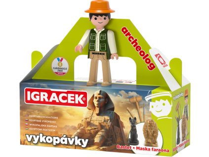 EFKO IGRÁČEK Archeolog figurka egyptské vykopávky maska faraona a soška Bastet