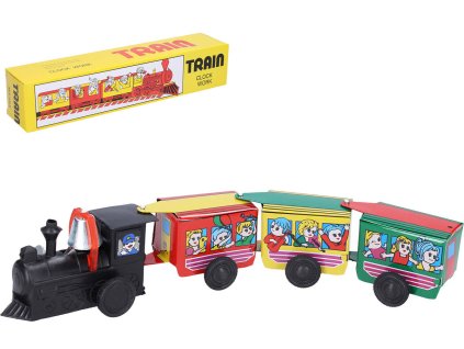 Vlak kovový 28cm natahovací na klíček mašinka + 3 vagony v krabici