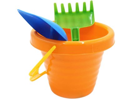 PL Sada na písek vroubkovaný kyblík + lopatka a hrábě mix barev v síťce