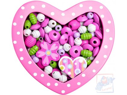 WOODY DŘEVO Korálky navlékací v srdíčku růžové *DŘEVĚNÉ HRAČKY*