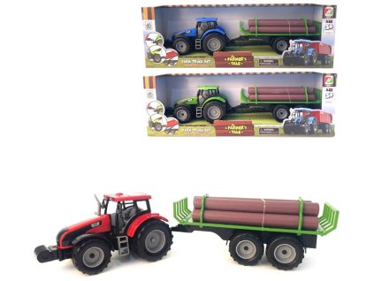 Traktor na setrvačník set s přívěsem s kládami dřeva 3 barvy plast