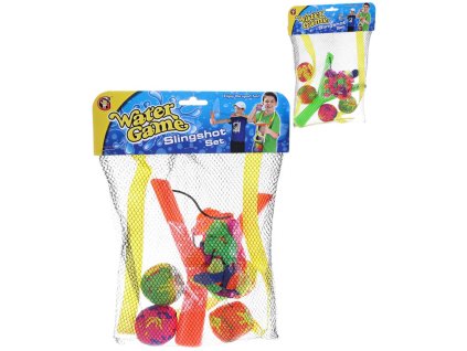 Vodní bomby herní set prak + 4 textilní míčky do vody 2 barvy v síťce