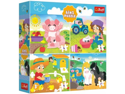 TREFL PUZZLE 4v1 Zvířátka na vsi 19x16cm 4-12 dílků skládačka