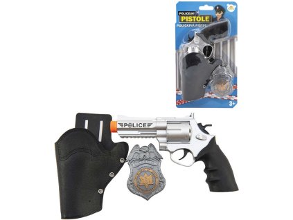 Pistole policejní klapací 20cm set s pouzdrem a odznakem plast