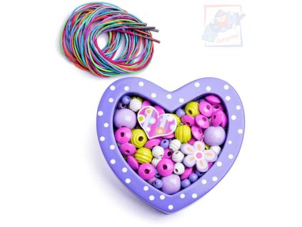 WOODY DŘEVO Korálky navlékací fialové set s barevnými tkaničkami v srdíčku