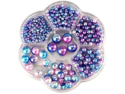 Korálky navlékací perleťové modré set 1150ks 3-12mm v plastovém boxu