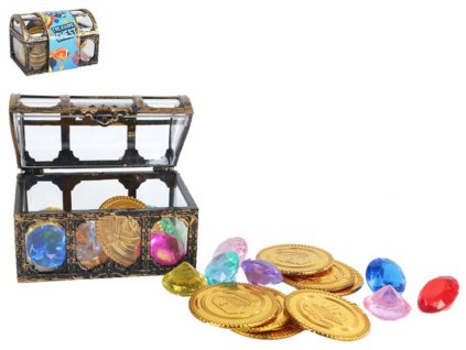 Truhla s pokladem drahokamy + dětské zlaté pirátské mince plast