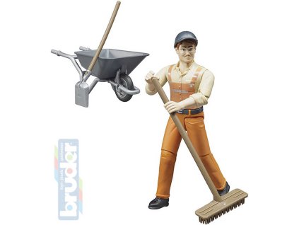 BRUDER 62130 Figurka komunální pracovník 11cm set s kolečky a nářadím plast