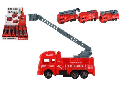 Auto hasiči plast 11cm na zpětné natažení 4 druhy 12ks v boxu
