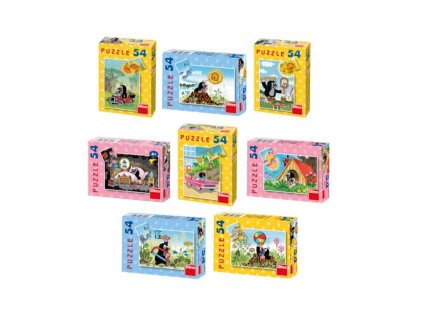 Minipuzzle Krtek 19,8x13,2cm 8 druhů 54 dílků v krabičce 9x7x3cm 40ks v boxu