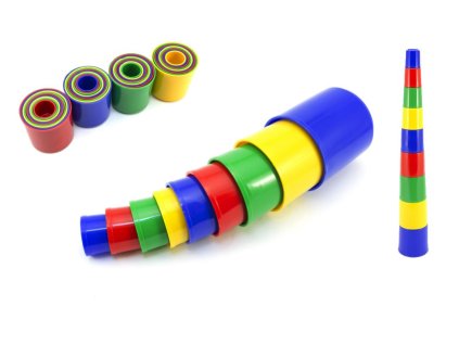 Kubus pyramida skládanka kulatá plast 4 barvy 9ks v sáčku 9x9x8cm 12m+