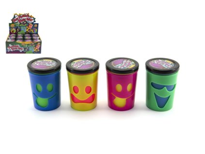 Sliz - hmota 80g s obličejem tekoucí prdící 7,5x5,5cm 4 barvy 12ks v boxu