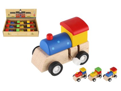 Mašinka na klíček dřevo 7cm asst 3 barvy 9ks v boxu