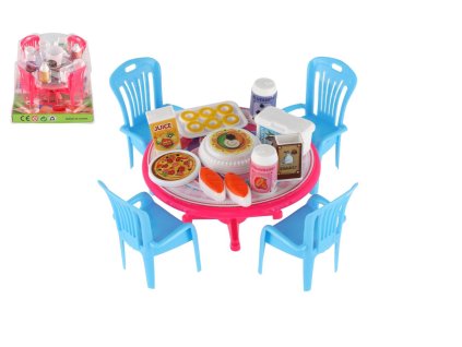 Nábytek pro panenky/stůl a židle s doplňky plast 12cm 3 barvy v blistru
