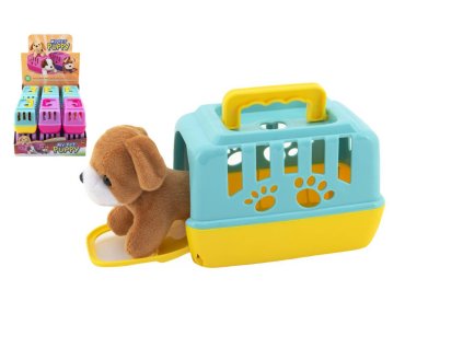 Zvířátko pejsek plyš v přenosném boxu plast 15cm mix barev 12ks v boxu