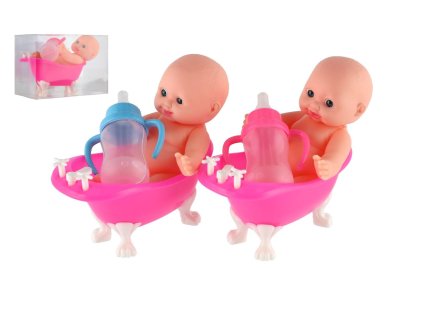 Miminko ve vaničce guma/plast s lahvičkou 10cm v plastové krabičce 13x9x6,5cm
