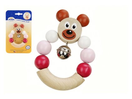 Chrastítko/Hrkadlo medvěd růžový dřevo 7x9cm na kartě 6m+