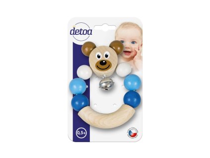 Chrastítko/Hrkadlo medvěd modrý dřevo 7x9cm na kartě 6m+