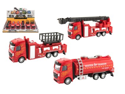 Auto hasiči kov/plast 21-23cm na zpětné natažení 3 druhy 6ks v boxu
