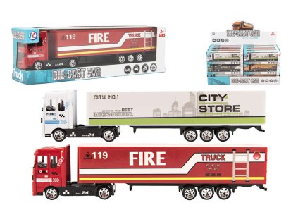 Kamion s návěsem 19cm kov/plast na volný chod 4 barvy v krabičce 20x6x4cm 24ks v boxu