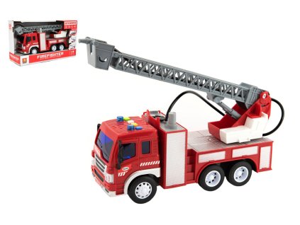 Auto hasiči stříkací vodu 30cm plast na setrvačník na bat. se zvukem se světlem v krabici 32x18x12cm