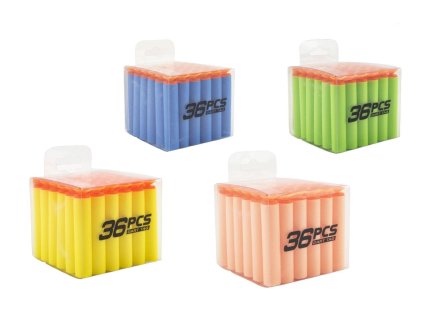 Náhradní pěnové náboje do pistole 36ks s přísavkami 4 barvy v krabičce 8x7x8cm