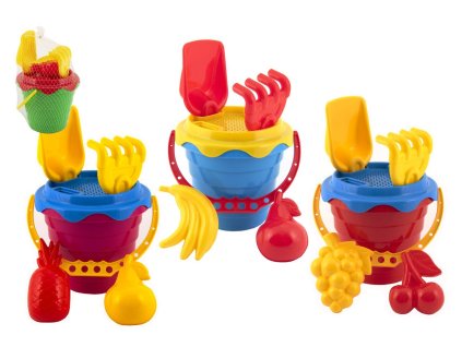 Sada na písek plast kbelík se sítkem 15x13cm, lopatka, hrabičky, 2 bábovky 4 barvy v síťce 12m+
