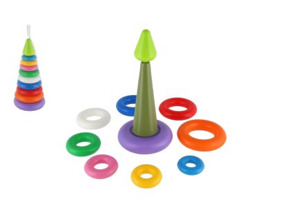 Skládanka pyramida s kroužky plast 2 barvy v síťce 15x31cm 12m+