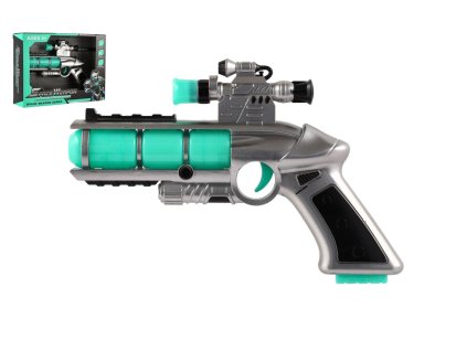 Pistole se zaměřovačem plast 20cm na baterie se zvukem a se světlem v krabici