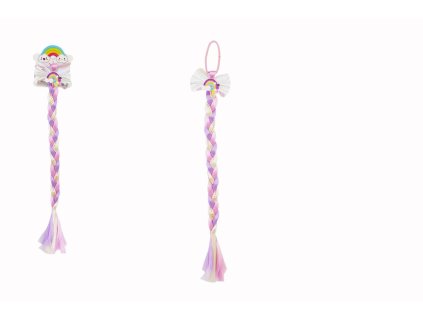 Gumička do vlasů s mašlí s dlouhým barevným copem s flitry 8x40cm v sáčku