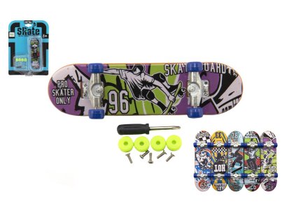 Skateboard prstový šroubovací plast 9cm s doplňky mix barev na kartě 12,5x17x3cm