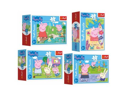 Minipuzzle 54 dílků Šťastný den Prasátka Peppy/Peppa Pig 4 druhy v krabičce 9x6,5x3,5cm 40ks v boxu