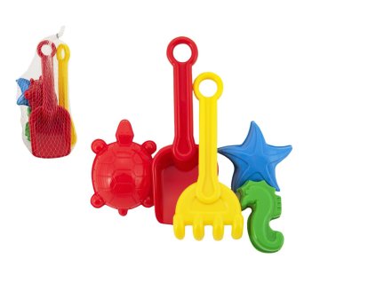 Sada na písek plast lopatka, hrabičky, 3ks bábovky 3 barvy v síťce 10x24x9cm 12m+