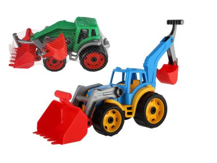 Traktor/nakladač/bagr se 2 lžícemi plast na volný chod 2 barvy v síťce 16x35x16cm