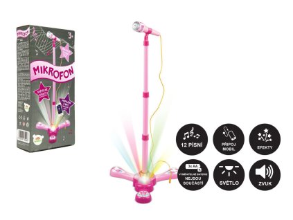 Mikrofon karaoke růžový plast na baterie se světlem se zvukem v krabici 17x34x7cm