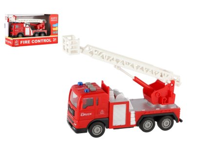 Auto hasiči plast 16cm na setrvačník na baterie se světlem se zvukem v krabici 21x13x9cm