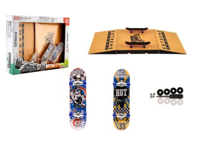 Skateboard prstový šroubovací 2ks plast 10cm s rampou s doplňky v krabičce 30x24x6cm