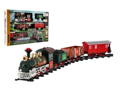 Vlak + 3 vagóny s kolejemi 8ks na baterie se zvukem se světlem v krabici 41x28x6cm