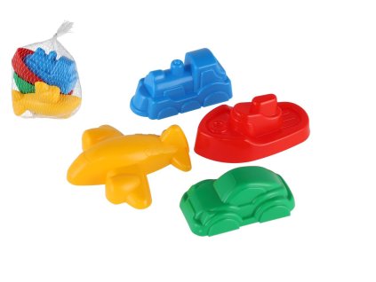Formičky Bábovky na písek 4ks plast dopravní prostředky v síťce 12m+