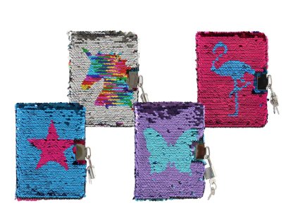 Zápisník/blok s flitry měnícími se zámkem mix druhů v sáčku 11x15x2cm