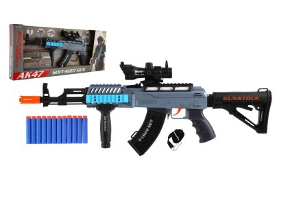 Samopal na pěnové náboje + náboje 12ks plast 60cm na baterie se světlem, zvukem v krabici 65x27x6cm